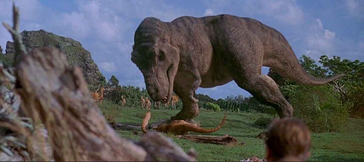 Tyrannosaurus rex mid-attack in Jurassic Park
