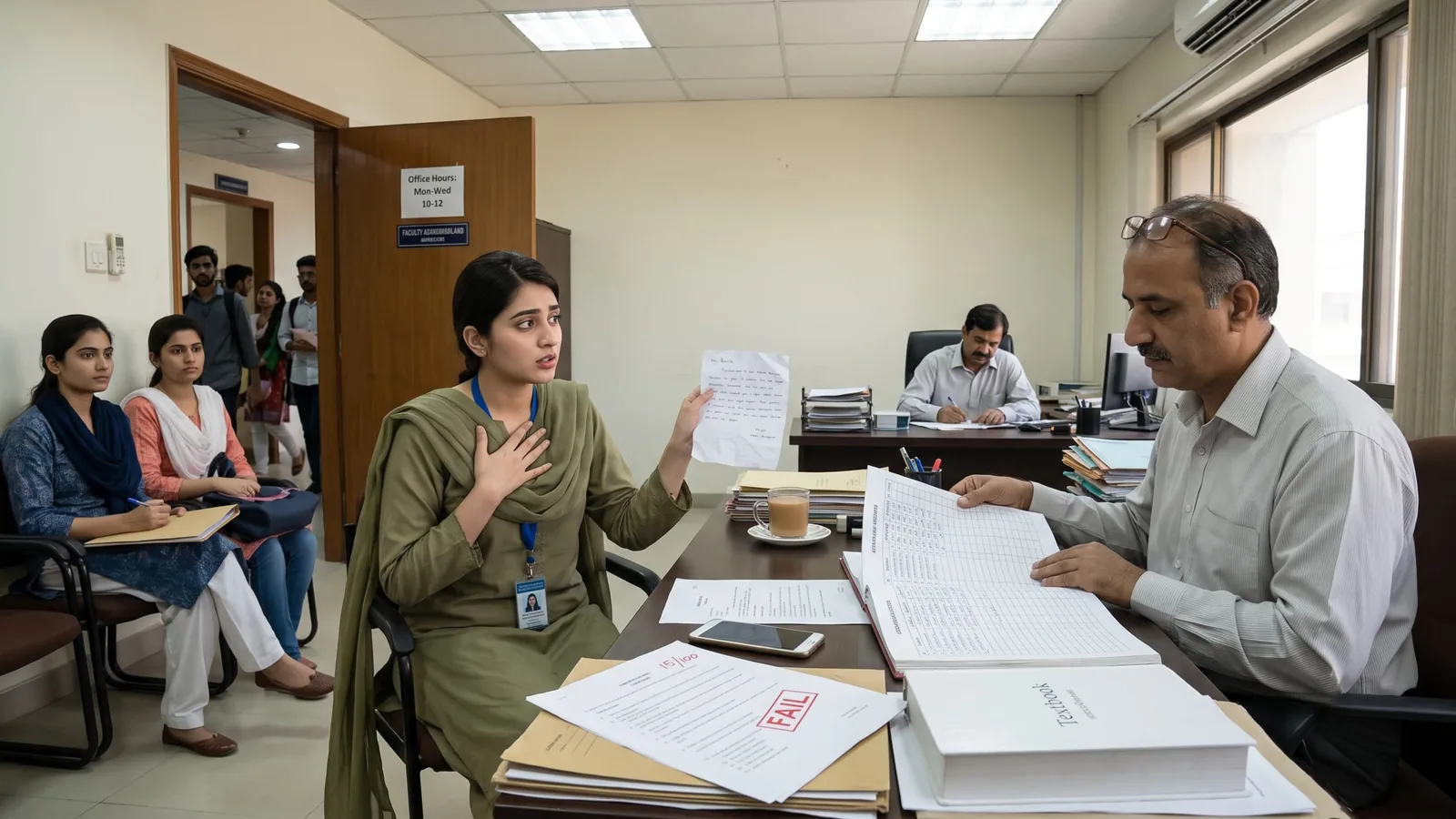 A student pleads her case across the desk in a professor’s office while others wait their turn