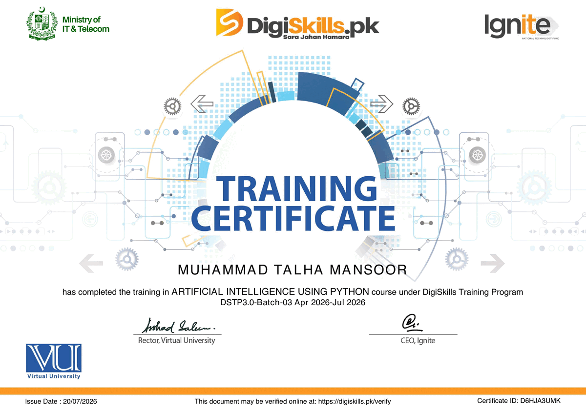 Artificial Intelligence Using Python certificate