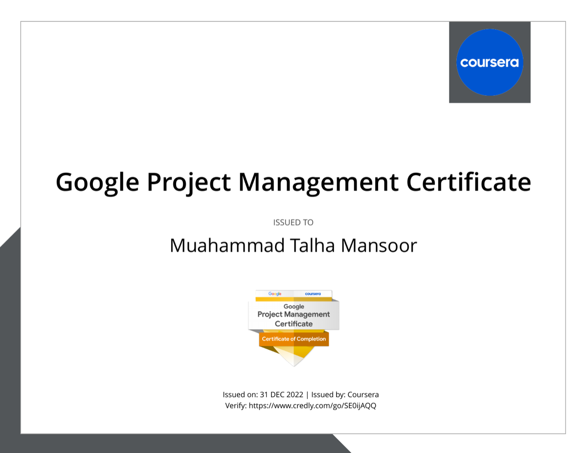 Google Project Management Certificate certificate