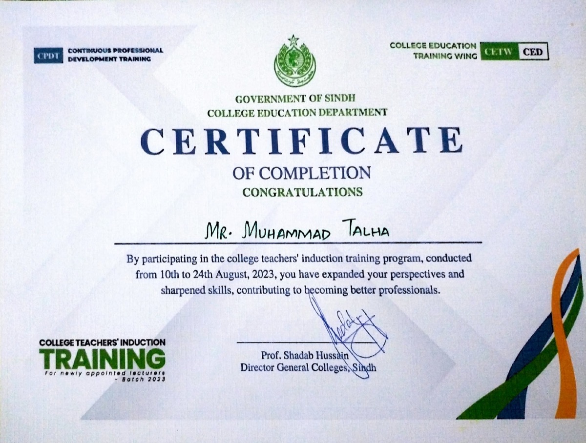 College Teachers' Induction Training certificate