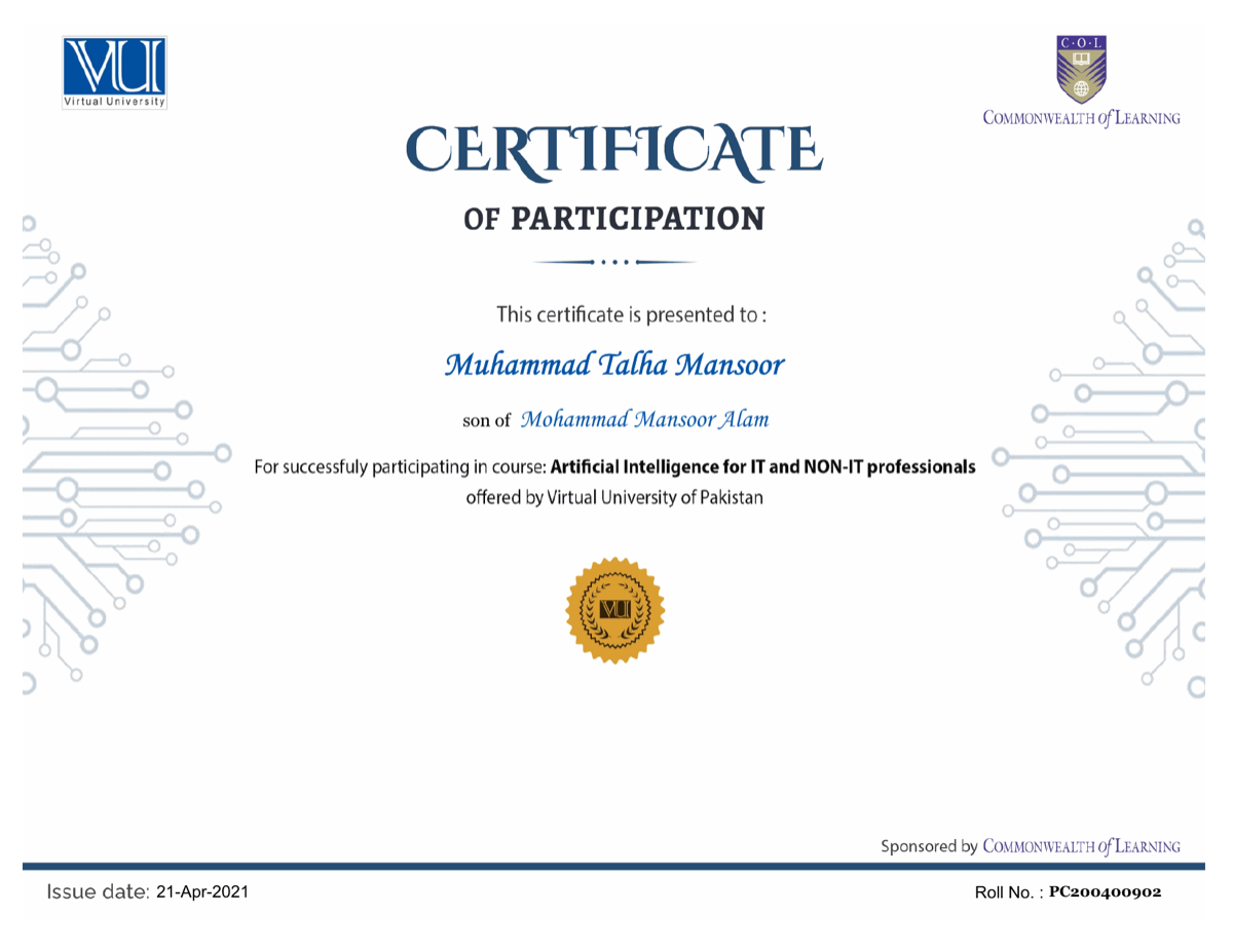 Artificial Intelligence for IT and Non-IT Professionals certificate