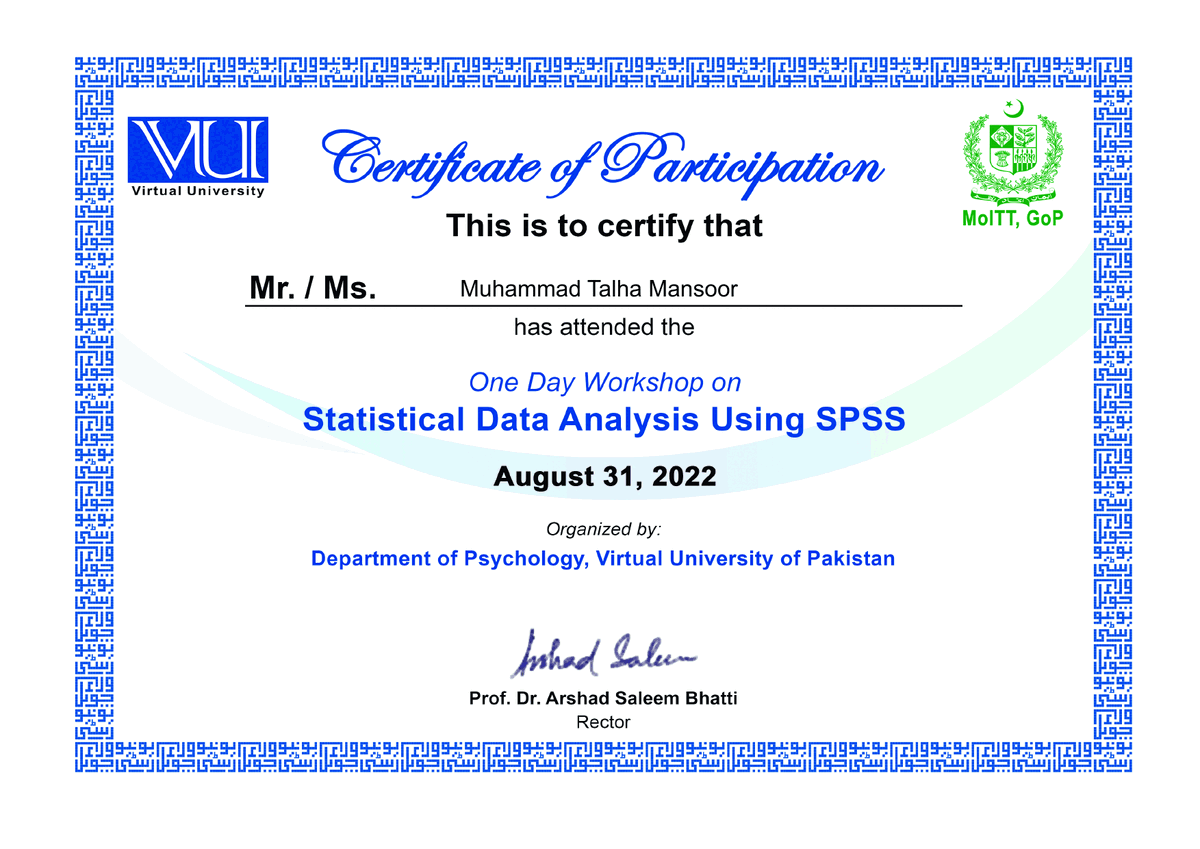 Statistical Data Analysis Using SPSS certificate